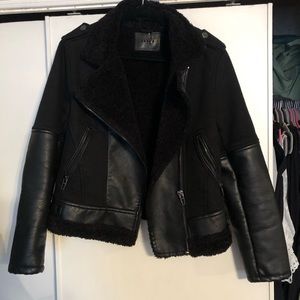 Leather and Canvas Shearling MOTO Jacket